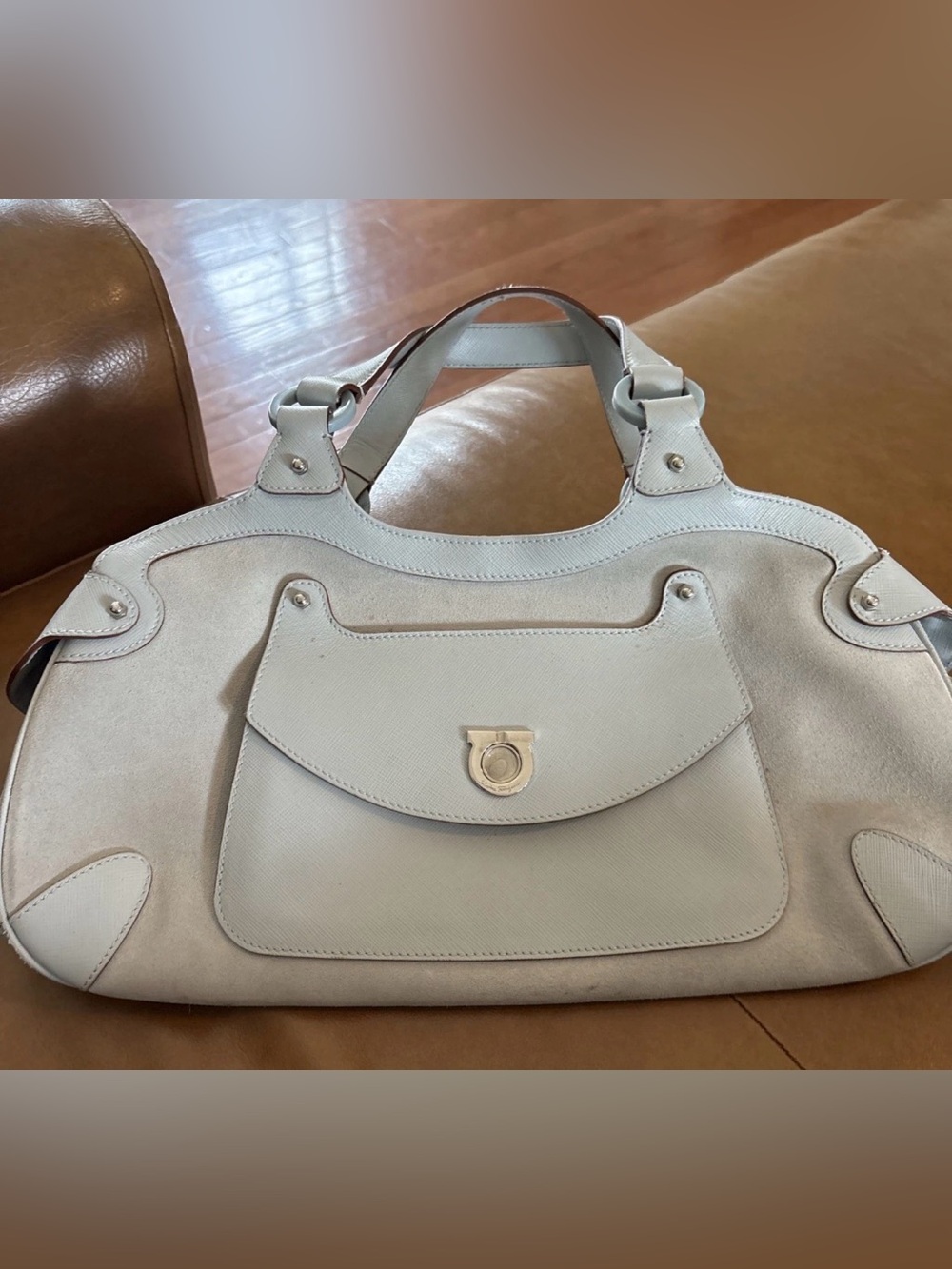 Salvatore Ferragamo Gancini Baguette Light Blue Suede & Saffiano Leather  RARE